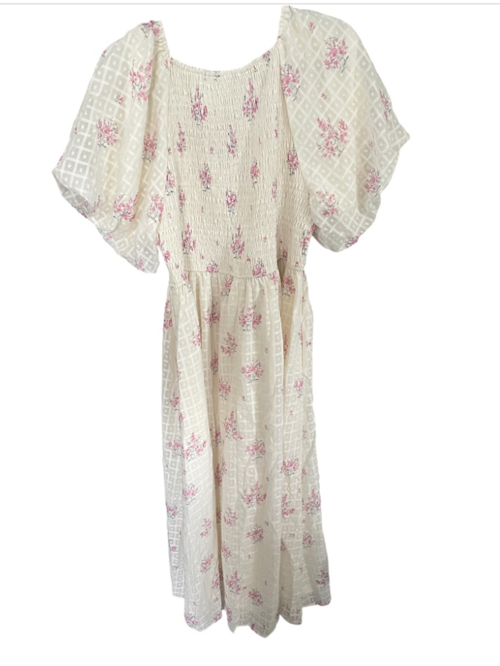 Polagram Pink Floral Textured Dot Smocked Midi Dress - Picture 6 of 7